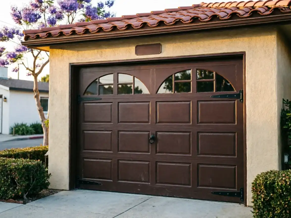 A brown garage door with arched windows and decorative hinges.