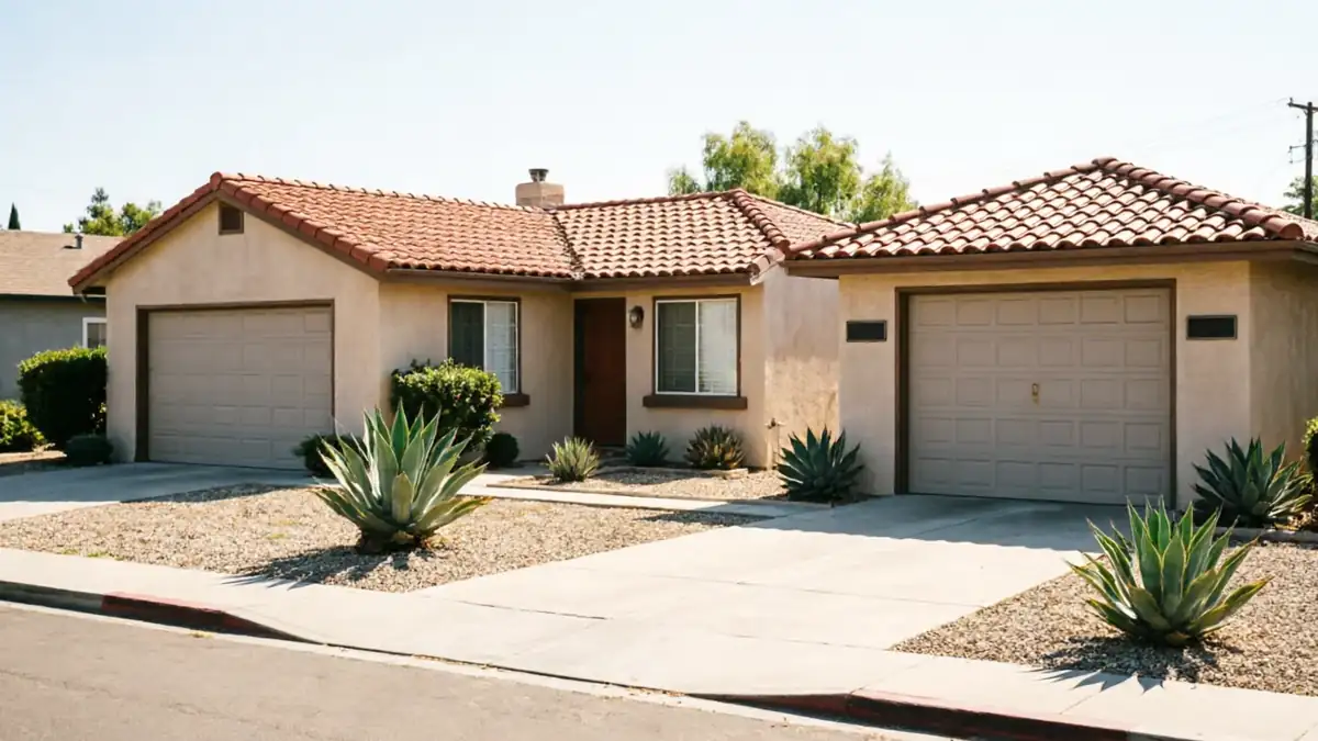 The house has two beige garage doors, a tan exterior, and a red tile roof.