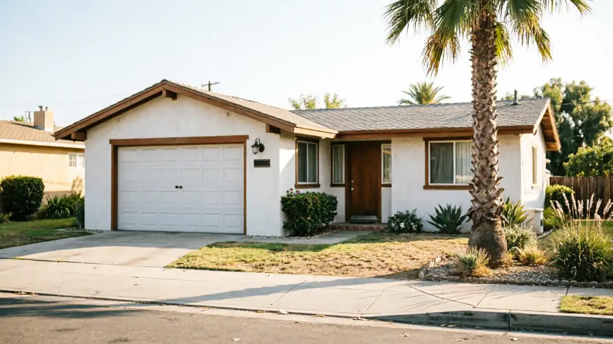 The house has a white garage door, a brown front door, and a palm tree.