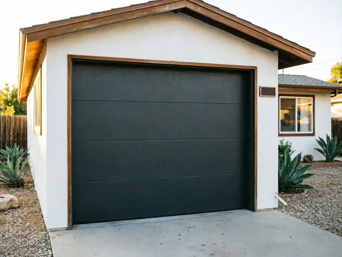 A dark gray garage door with horizontal panels is set in a white house.