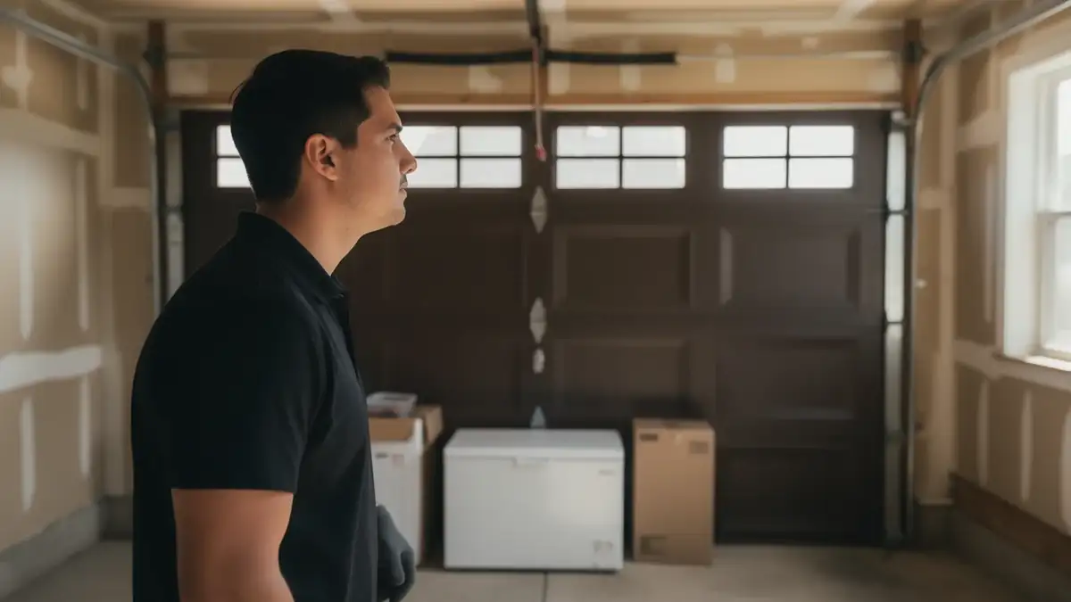 A technician in a black shirt stands in a garage with a brown garage door.