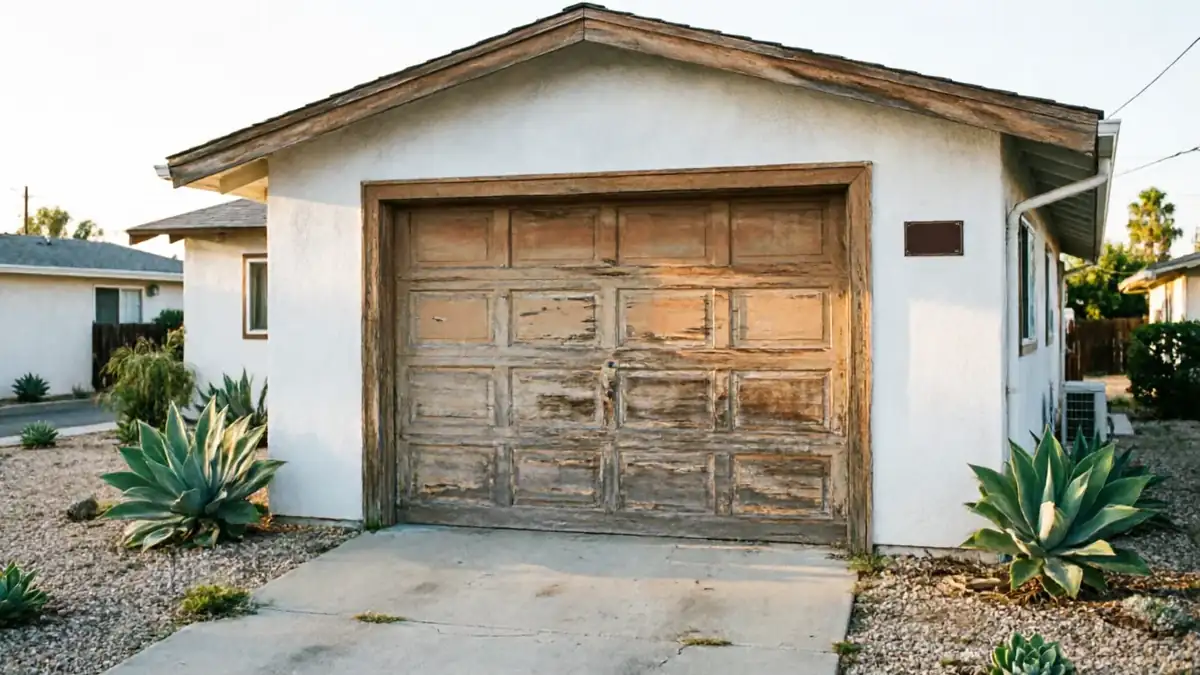 The garage door is old and weathered, with peeling paint and visible wood.
